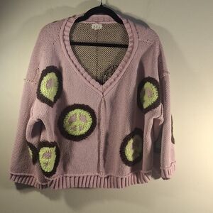 POL Womens Pink 3/4 Length Sleeve Oversized V-Neck Sweater w/ Peace Signs Size S